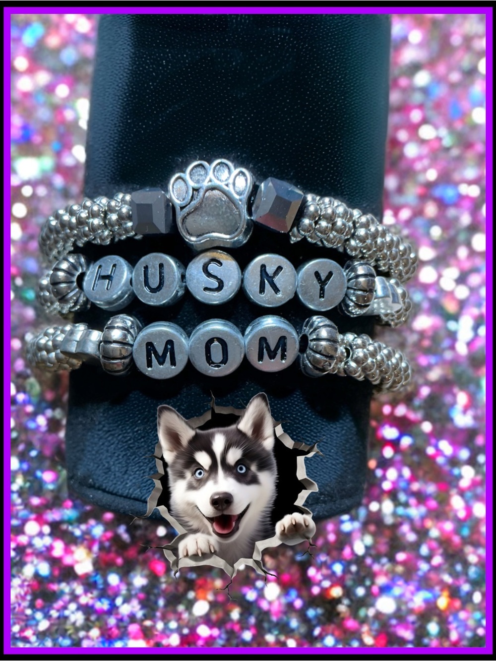 3 piece - Husky Mom Silver Paw Bead Bracelet Set
